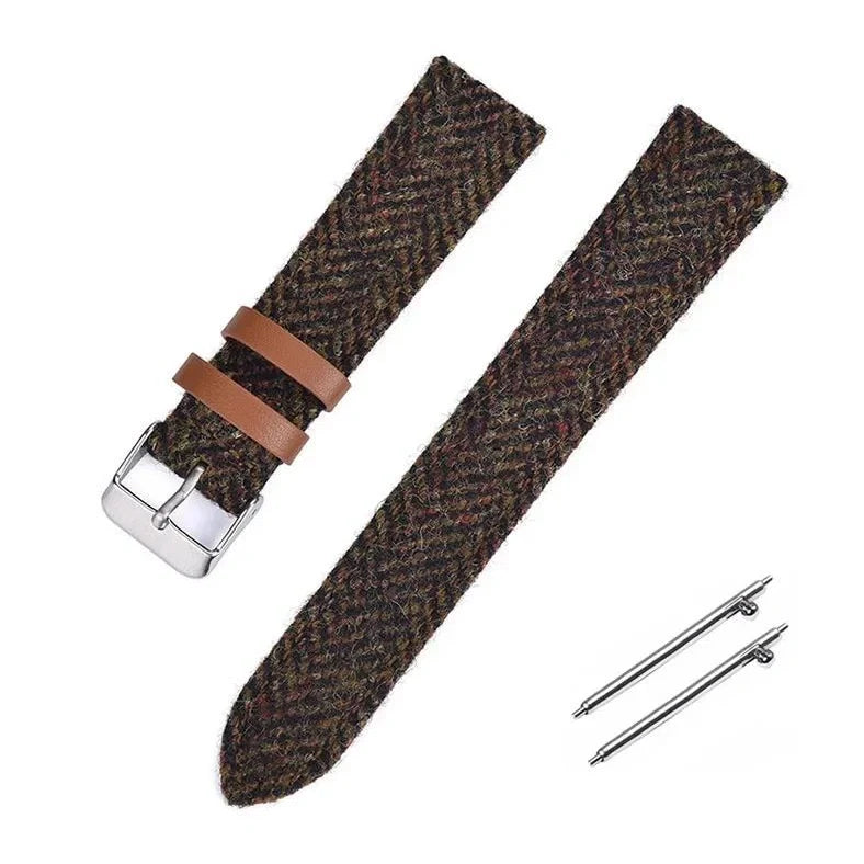 Harris woolen fabric watch strap with stainless steel buckle in blue, brown, khaki or green