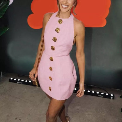 Sleeveless backless summer dress with rose button design in pink and white