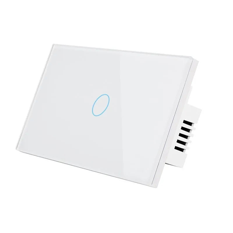 US-RF-02W white 2-gang remote control light switch with tempered glass panel measuring 120x72x35mm