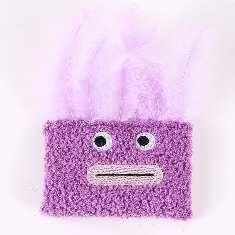 Catnip plush toy with funny explosion head shape and big mouth design in blue, green, orange, or purple colours