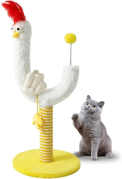 Tall yellow sisal cat scratching post with chicken strip pattern and a spring ball on top.