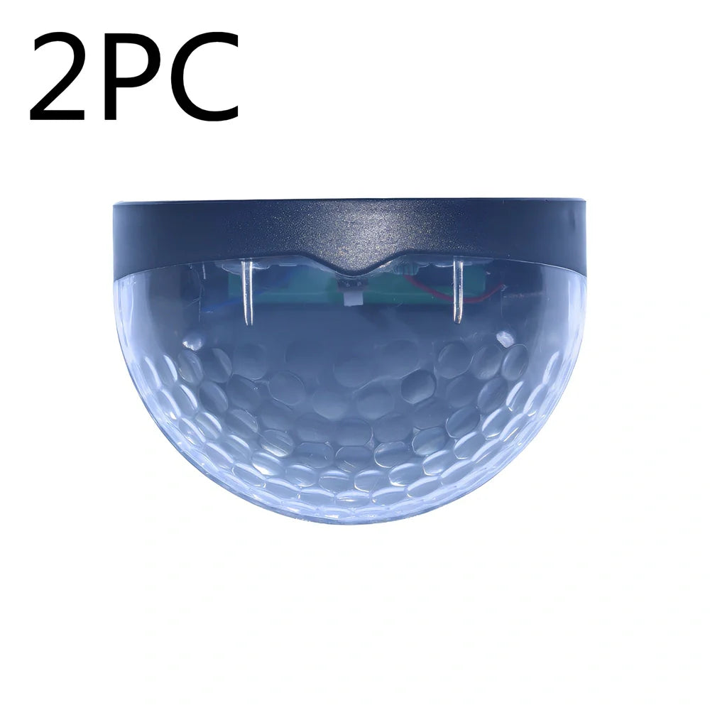 Pair of white waterproof solar semicircular fence lamps with water drop effect, IP65 rated for garden use, 90x62x50mm