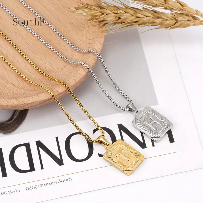 Men's gold-plated titanium steel letter necklace with pearl chain, customizable pendant