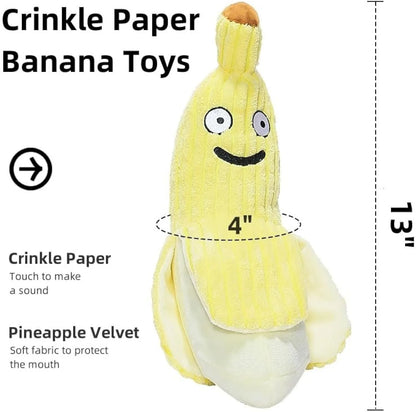 Yellow banana-shaped plush cat toy with a green leaf and crinkle paper inside for sound.