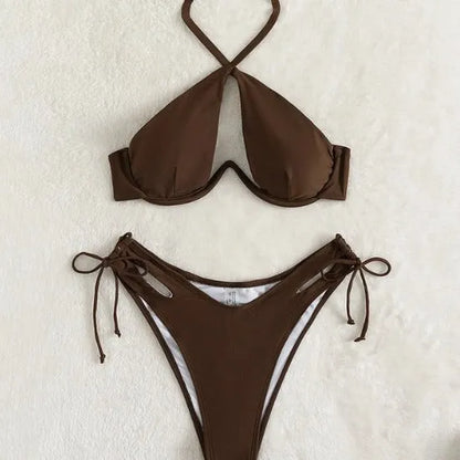 Women's halter neck bikini in solid colour with briefs-style bottoms