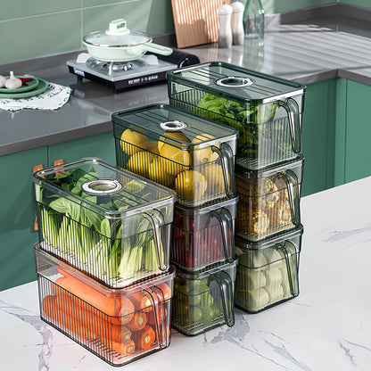 Green plastic food storage box with airtight lid for refrigerator organisation