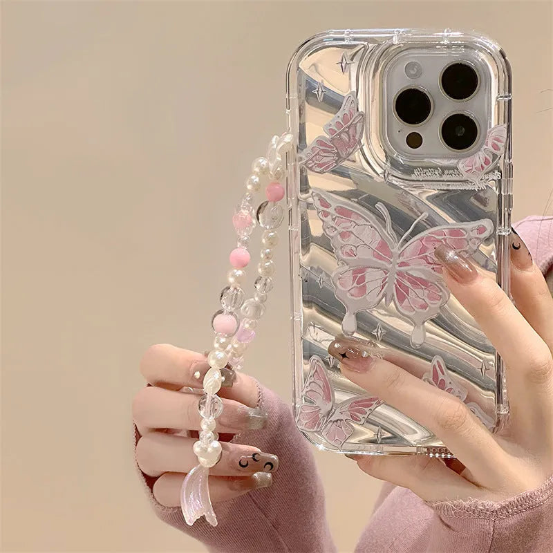 Phantom Painted Butterfly iPhone case in transparent TPU with mirror plate and bow detail