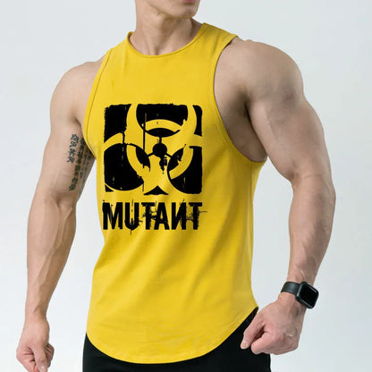 Loose-fit polyester workout tank top in multiple colours on a size chart.