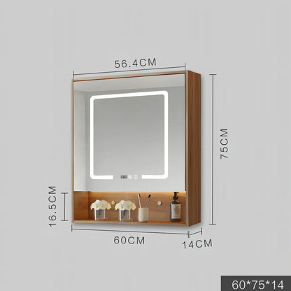 Wall-mounted bathroom mirror cabinet with LED lights and anti-fog technology in solid wood construction