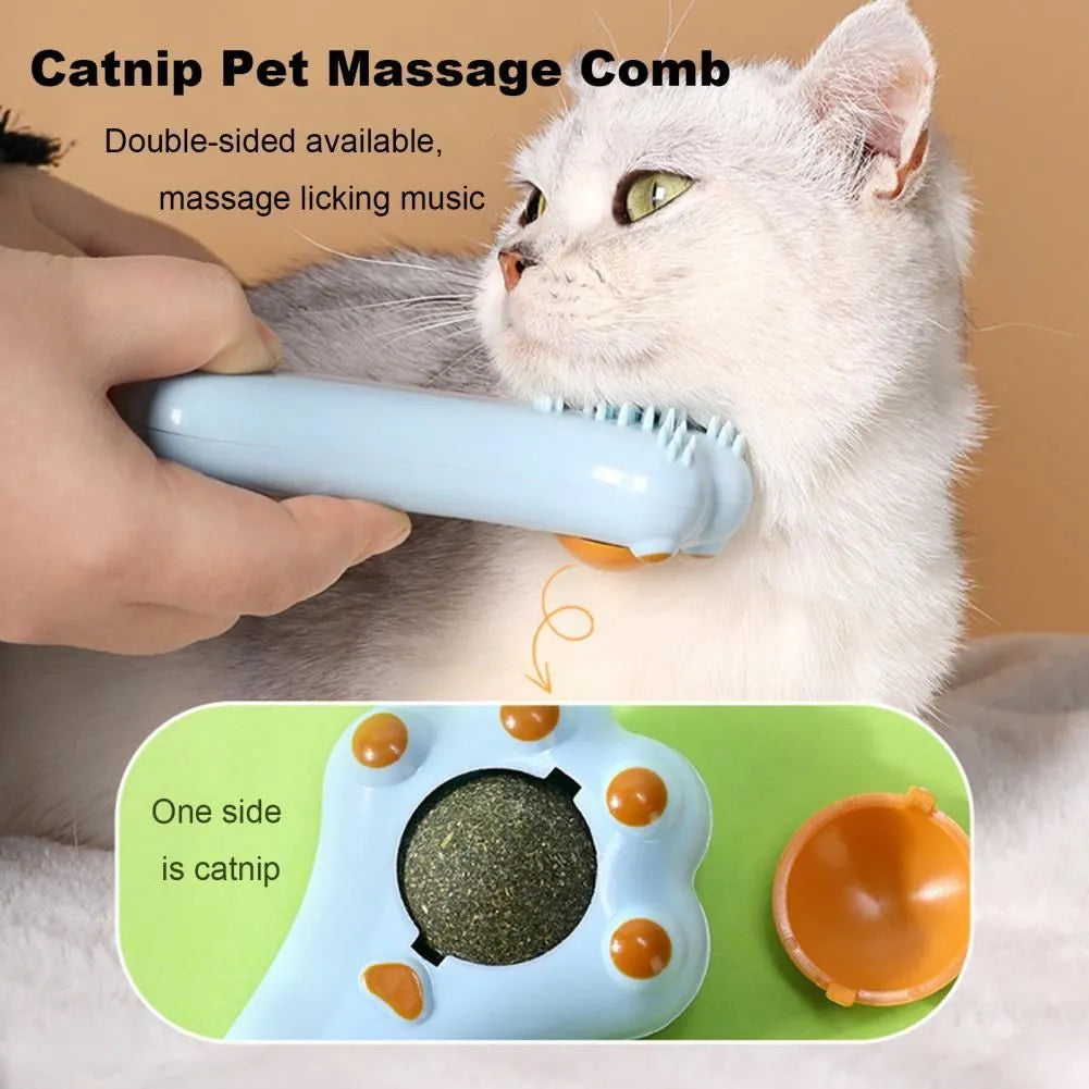 Blue cat grooming comb with rounded teeth and dental cleaning elements, measuring 13.5cm long