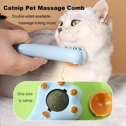 Blue cat grooming comb with rounded teeth and dental cleaning elements, measuring 13.5cm long