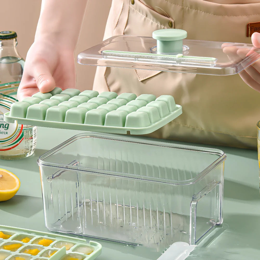 Press-type ice ball maker with milk white and light green PET layers creating 5cm spherical ice