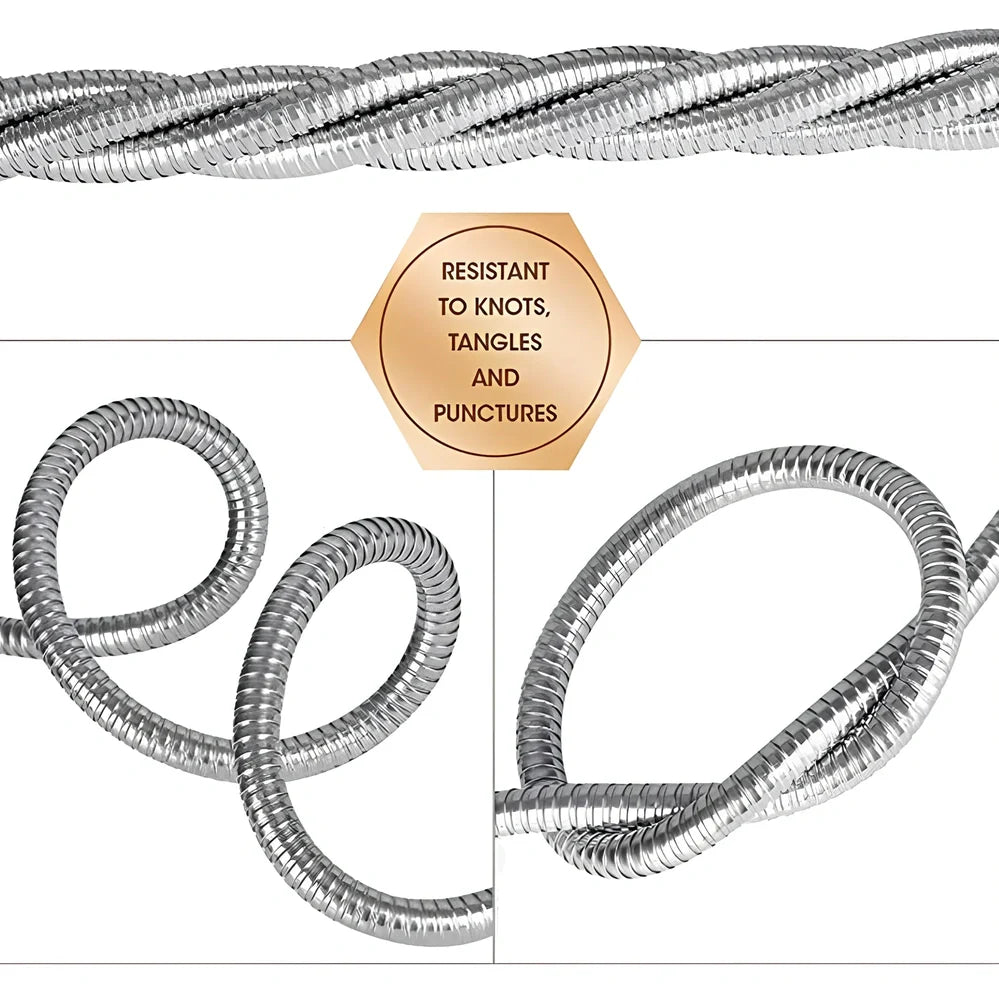 Stainless steel garden hose with brass adjustable nozzle coiled in UK garden setting