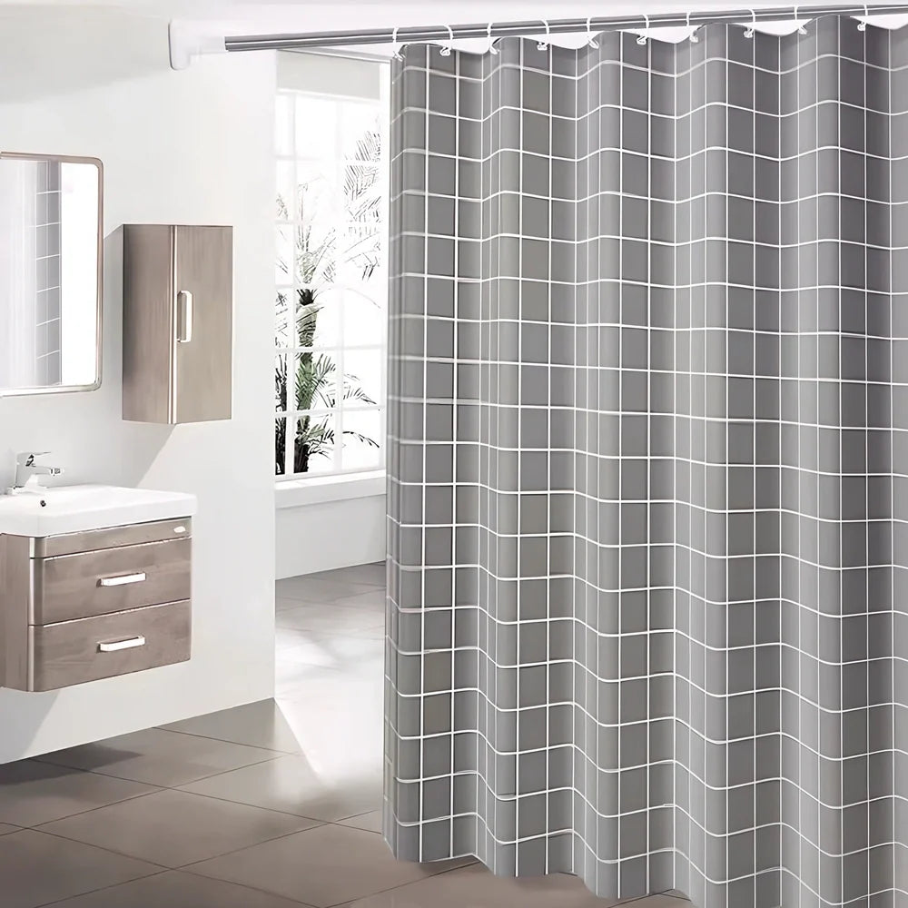 Waterproof polyester shower curtain with printed design, available in multiple sizes for bathroom protection