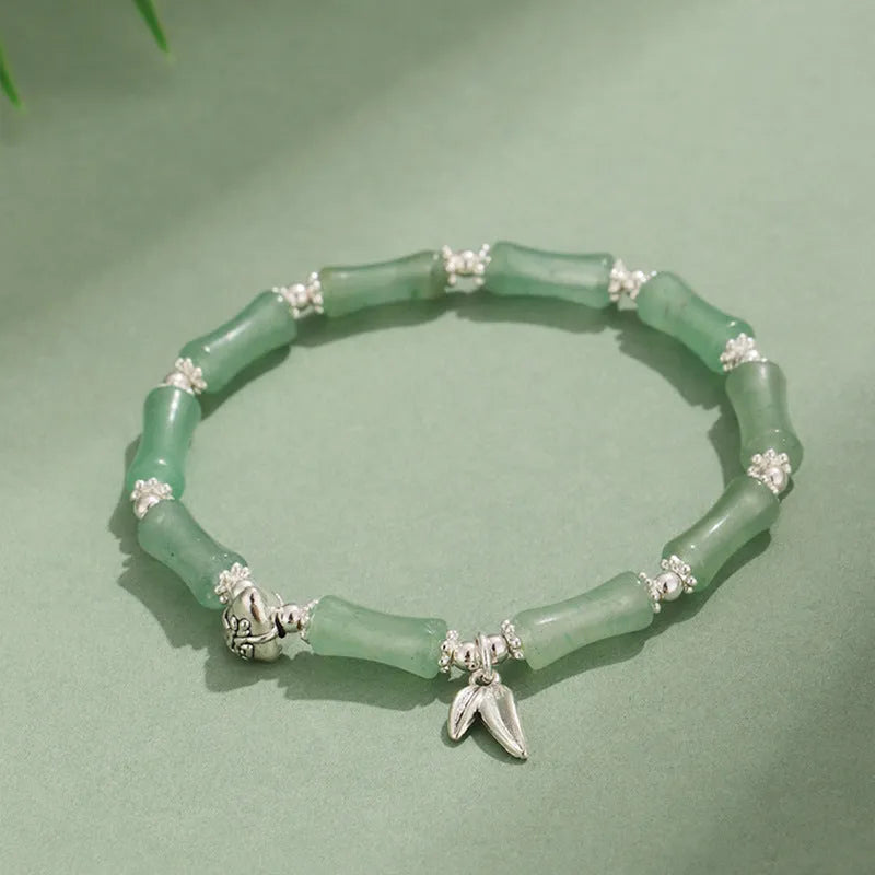 Green Aventurine bamboo pattern bracelet with strawberry quartz and jade beads, electroplated women's jewellery