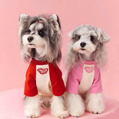 Cotton dog summer clothes with contrasting colour panels in embroidered red or pink options