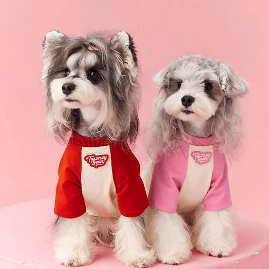 Cotton dog summer clothes with contrasting colour panels in embroidered red or pink options