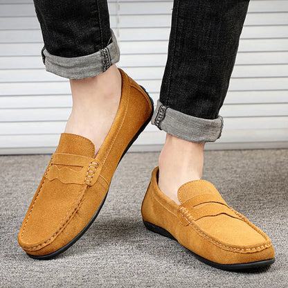 Men's suede loafers in black, blue, dark blue, wine red, and yellow colours with round toe and slip-on design.