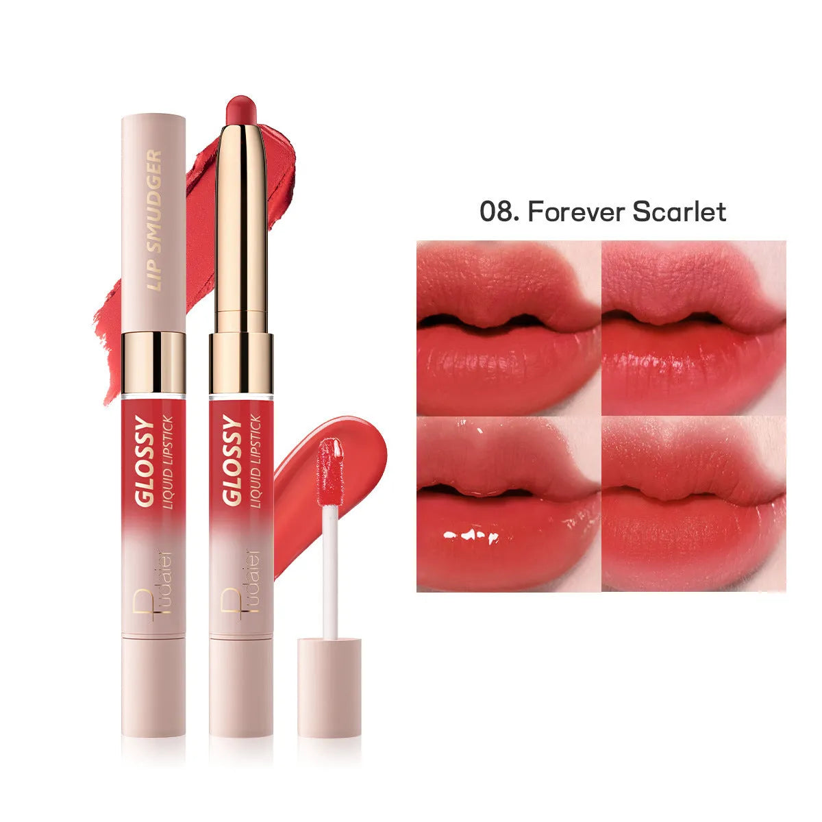Double-headed lipstick and lip gloss case showing two applicators in 10 colour shades