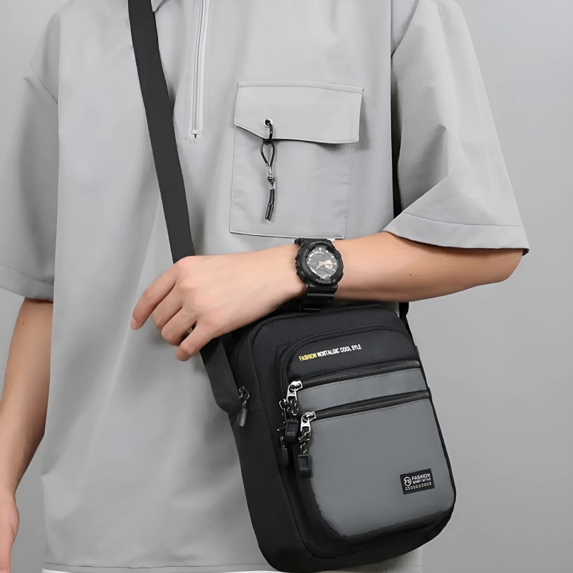Men's green waterproof nylon crossbody bag with urban style and sewing thread detail