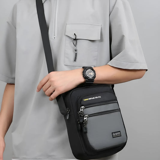 Men's green waterproof nylon crossbody bag with urban style and sewing thread detail