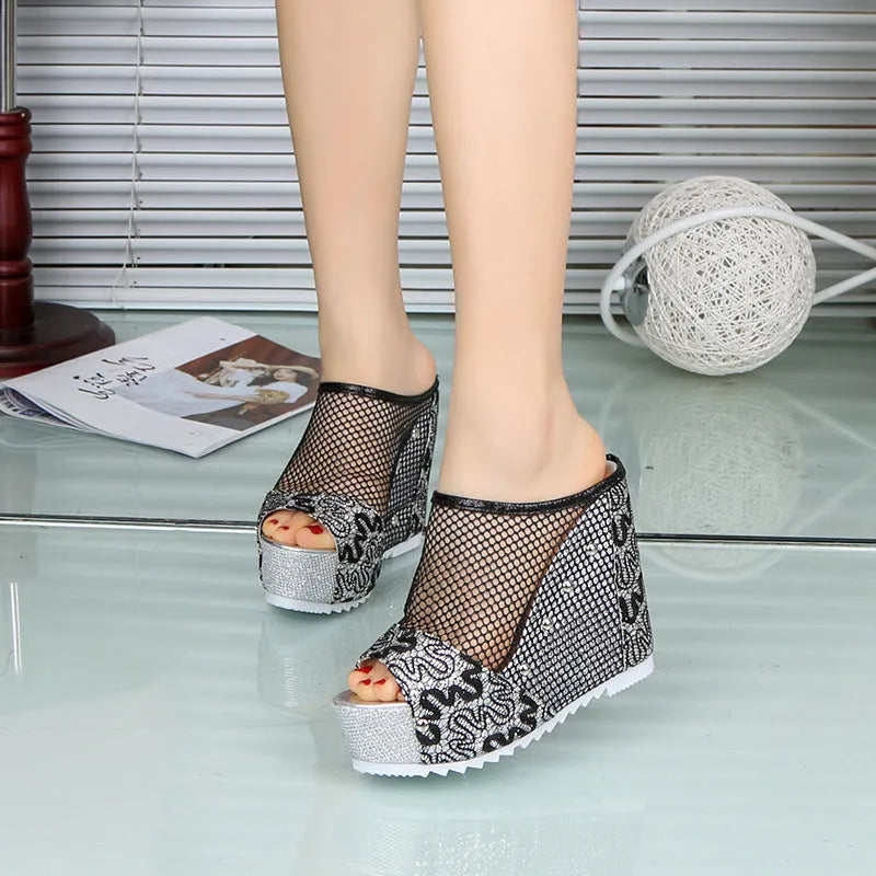 Korean platform flip-flops with hollowed chunky heel in mesh construction, available in black, gold or silver colours