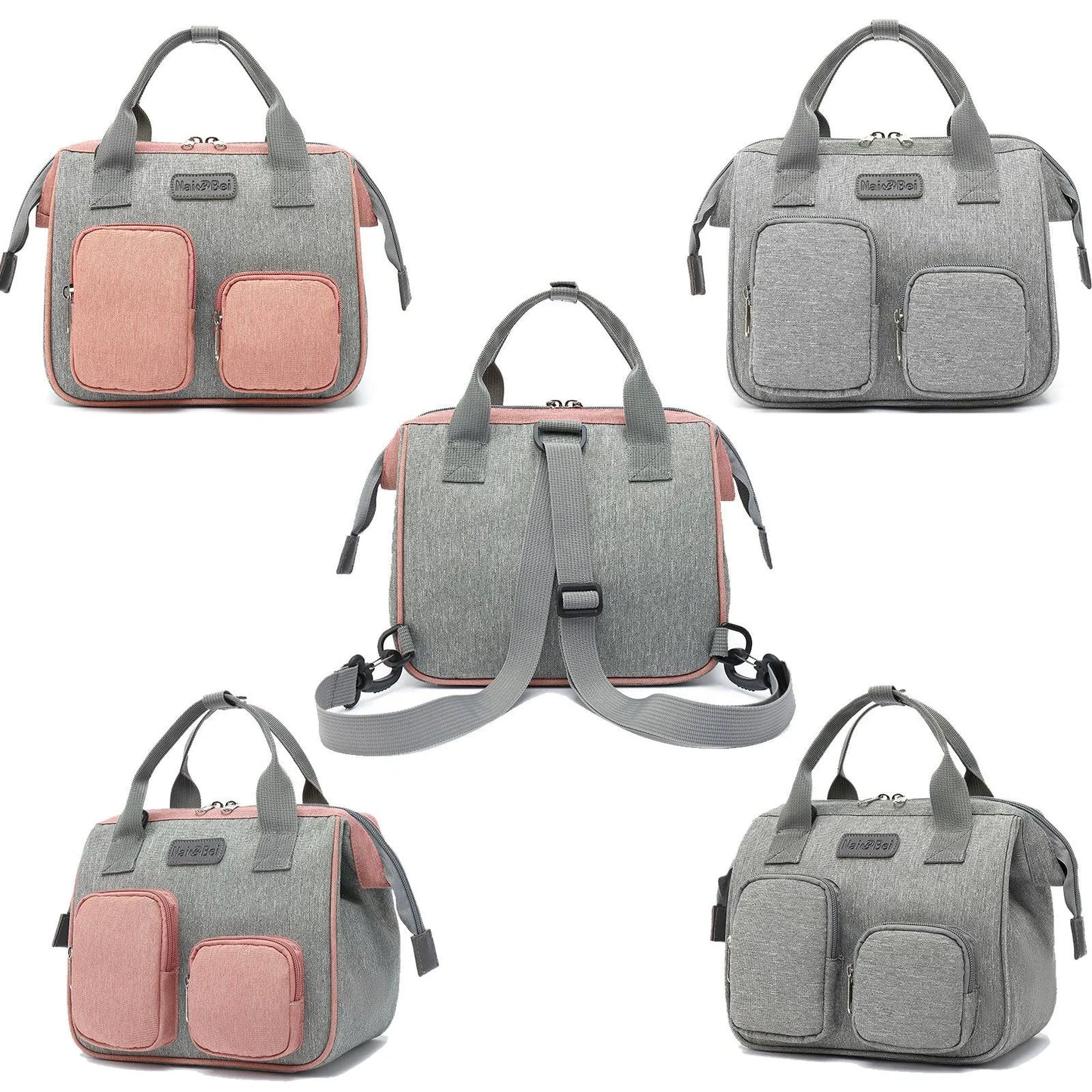 Waterproof Oxford cloth women's handbag with shoulder strap showing pink grey colour option