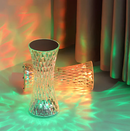 Crystal waist table lamp with faceted acrylic design showing RGB colourful lighting effects