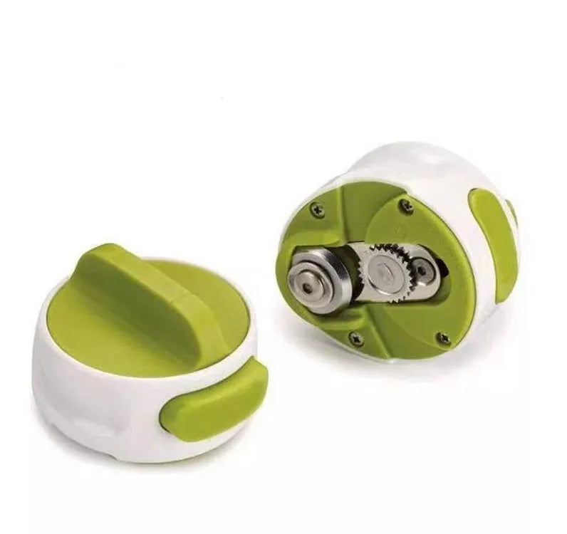 A red and a green stainless steel manual bottle opener for kitchen use.