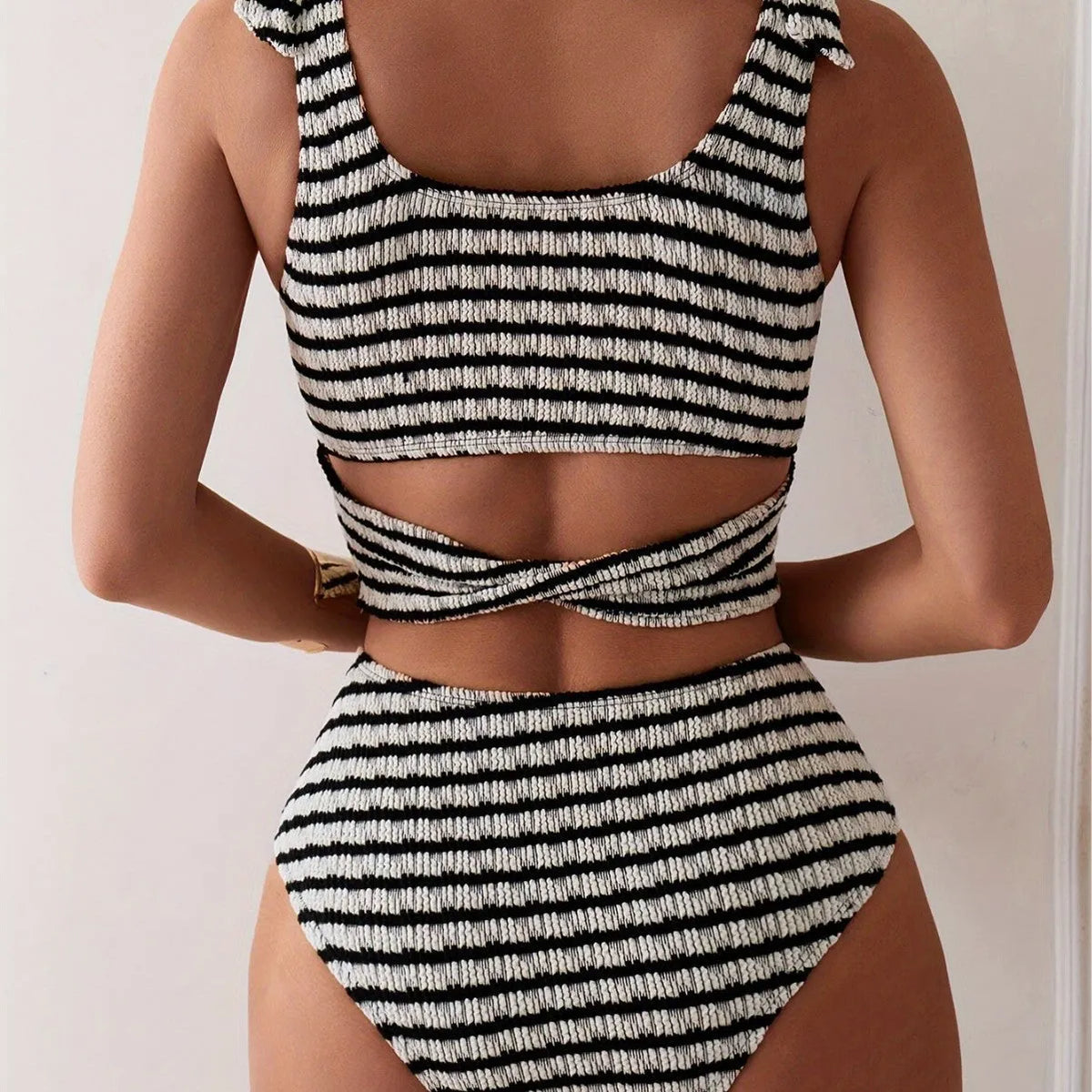 Gray striped women's two-piece swimsuit with sleeveless tube top and briefs, sizes S to XL