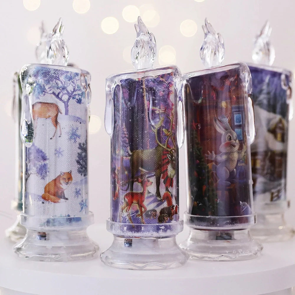 Transparent electronic Christmas candle showing house, snowman and bear designs, 18cm height