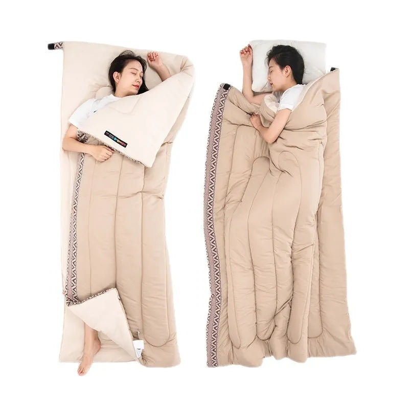 Four seasons camping sleeping bag with dirt-resistant fabric in Jiangnan Spring colour, showing 190x75cm dimensions and storage bag