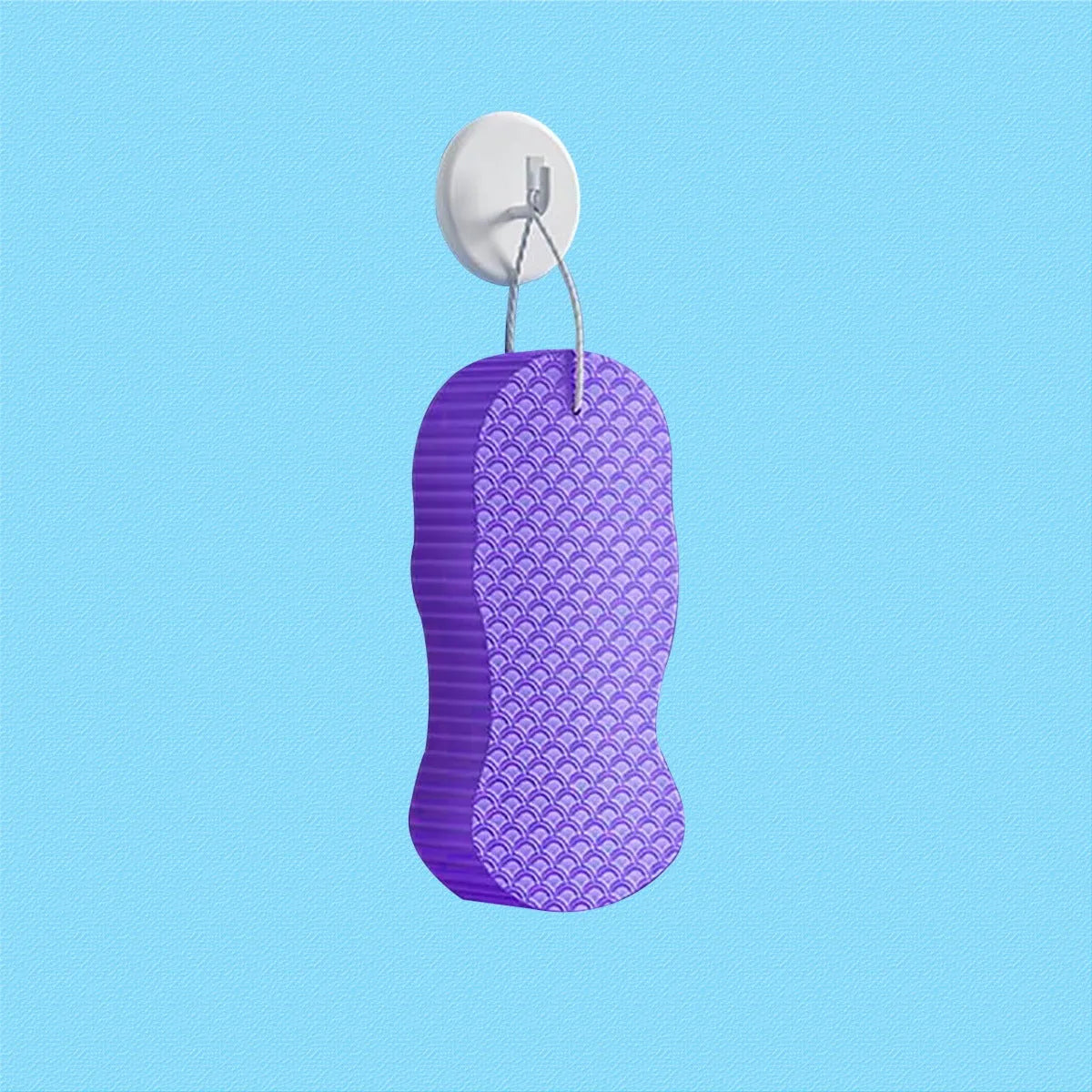 White 3D bath ball sponge with a fish scale exfoliating texture on a blue background.