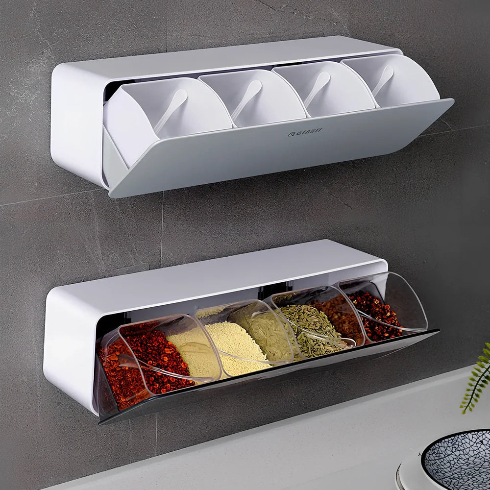 Wall-mounted plastic spice box set with multiple compartments and measuring spoon in kitchen