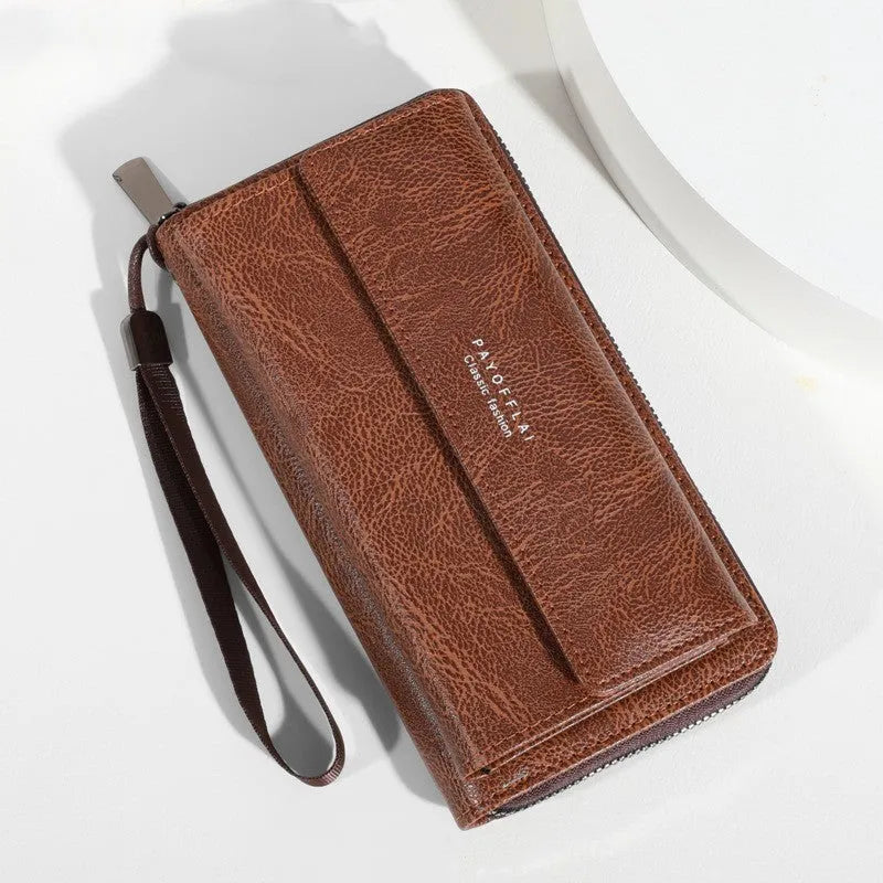 Men's black PU long-fold wallet with multiple card slots, shown open.