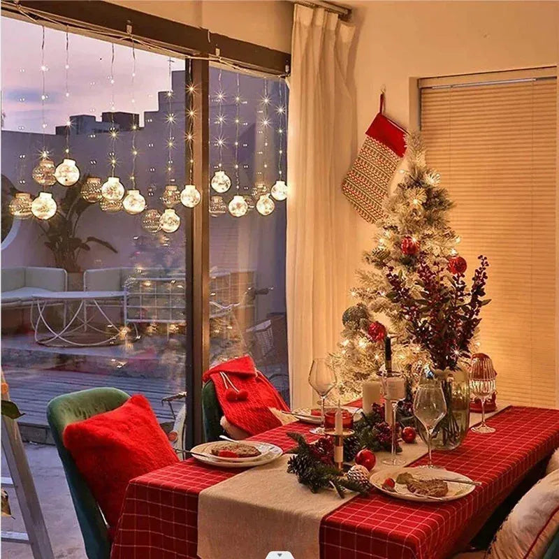 Christmas curtain light set with 10 fairy ball lamps showing snowman, wishing ball and Christmas tree designs