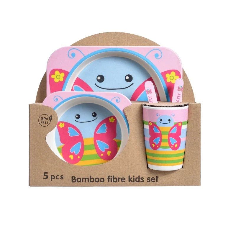 5-piece eco-friendly bamboo fiber children's tableware set with animal designs, including plate, bowl, cup, fork, and spoon