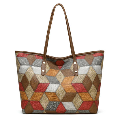 Women's PVC shoulder handbag in blue brown colour with sandwich pocket organisation
