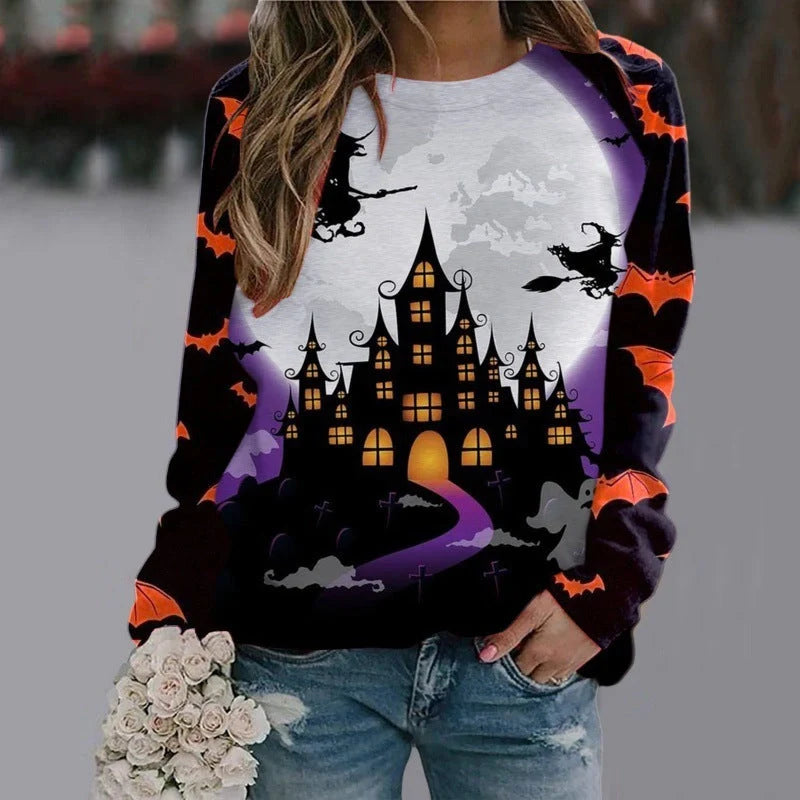 Halloween cartoon print sweatshirt for women in various styles and sizes