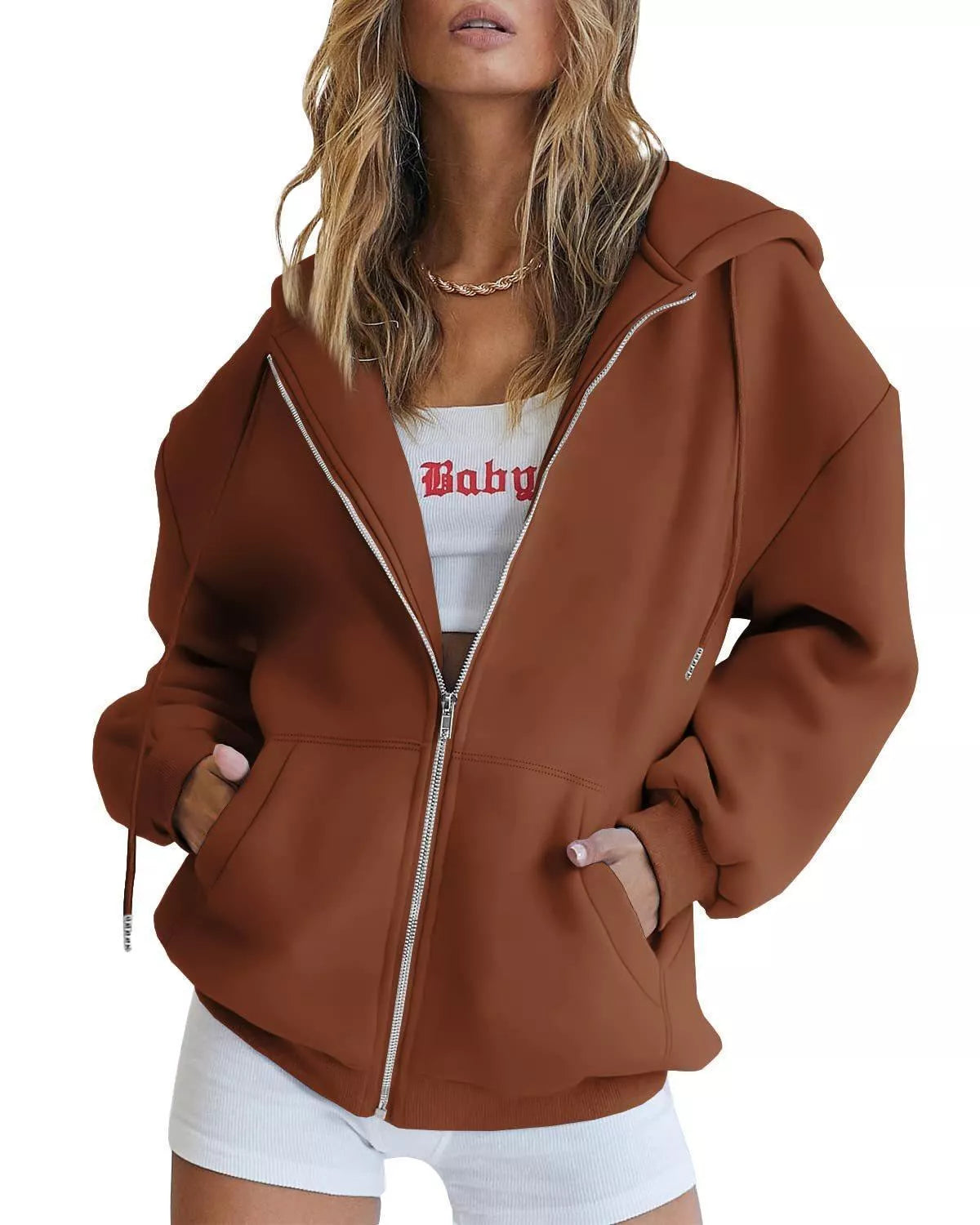 Women's solid color zipper hooded sweatshirt with drawstring, available in multiple colors and sizes.