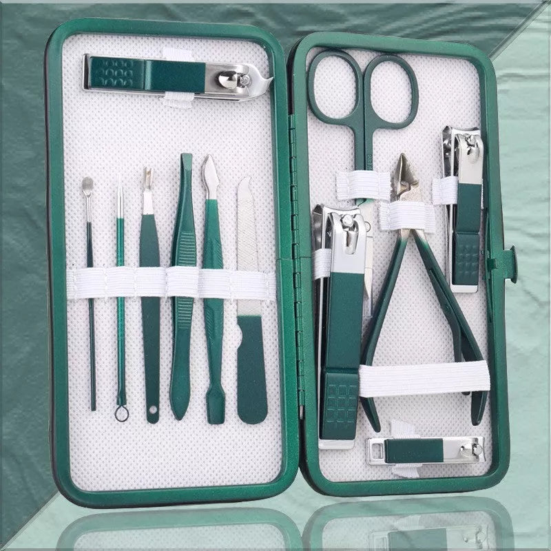 Professional stainless steel manicure set with emerald green case