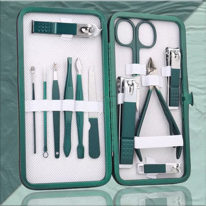 Professional stainless steel manicure set with emerald green case