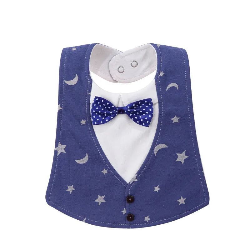 Adjustable baby bow tie bib in four-layer waterproof design, free size, shown in a choice of colour prints