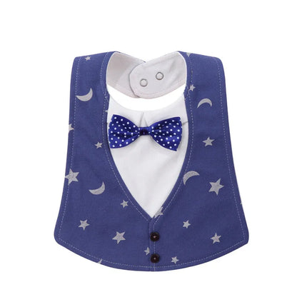 Adjustable baby bow tie bib in four-layer waterproof design, free size, shown in a choice of colour prints