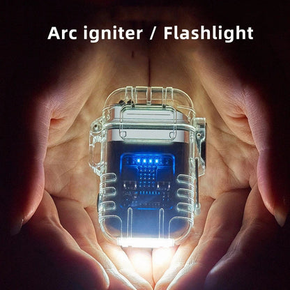 Powerful dual-arc outdoor lighter with transparent shell, detachable pocket clip, and multiple lighting modes for camping, hiking, and survival