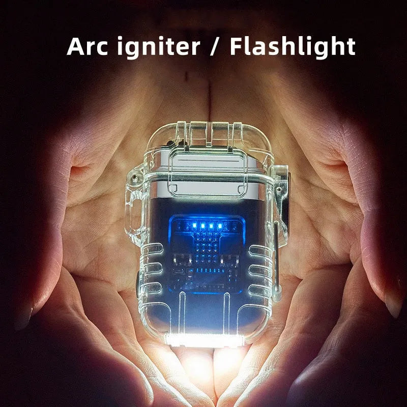 Transparent shell electronic lighter showing plasma arc with detachable pocket clip and paracord lanyard