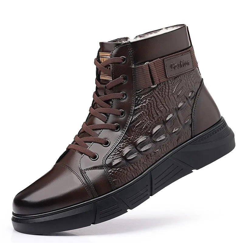 Black fur-lined genuine leather lace-up snow boots with a textured rubber sole on a wooden floor.