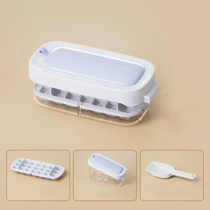 Yellow and blue food grade plastic ice cube trays with ice shovel stored in dedicated slot