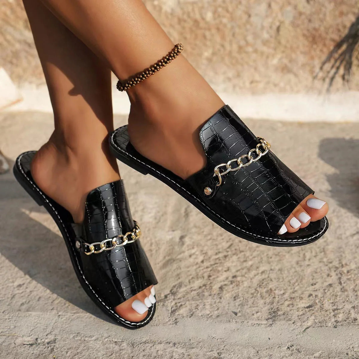 Women's Summer Fish Mouth Flat Slides with Pattern Chains in gold and black