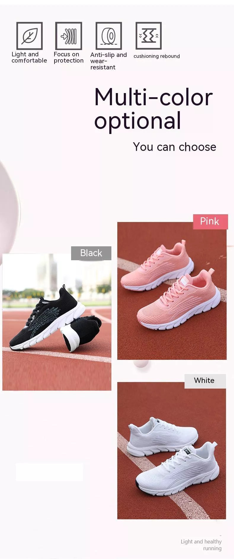 Men's and women's Flyknit running shoes in white, black, and pink with breathable mesh and EVA sole